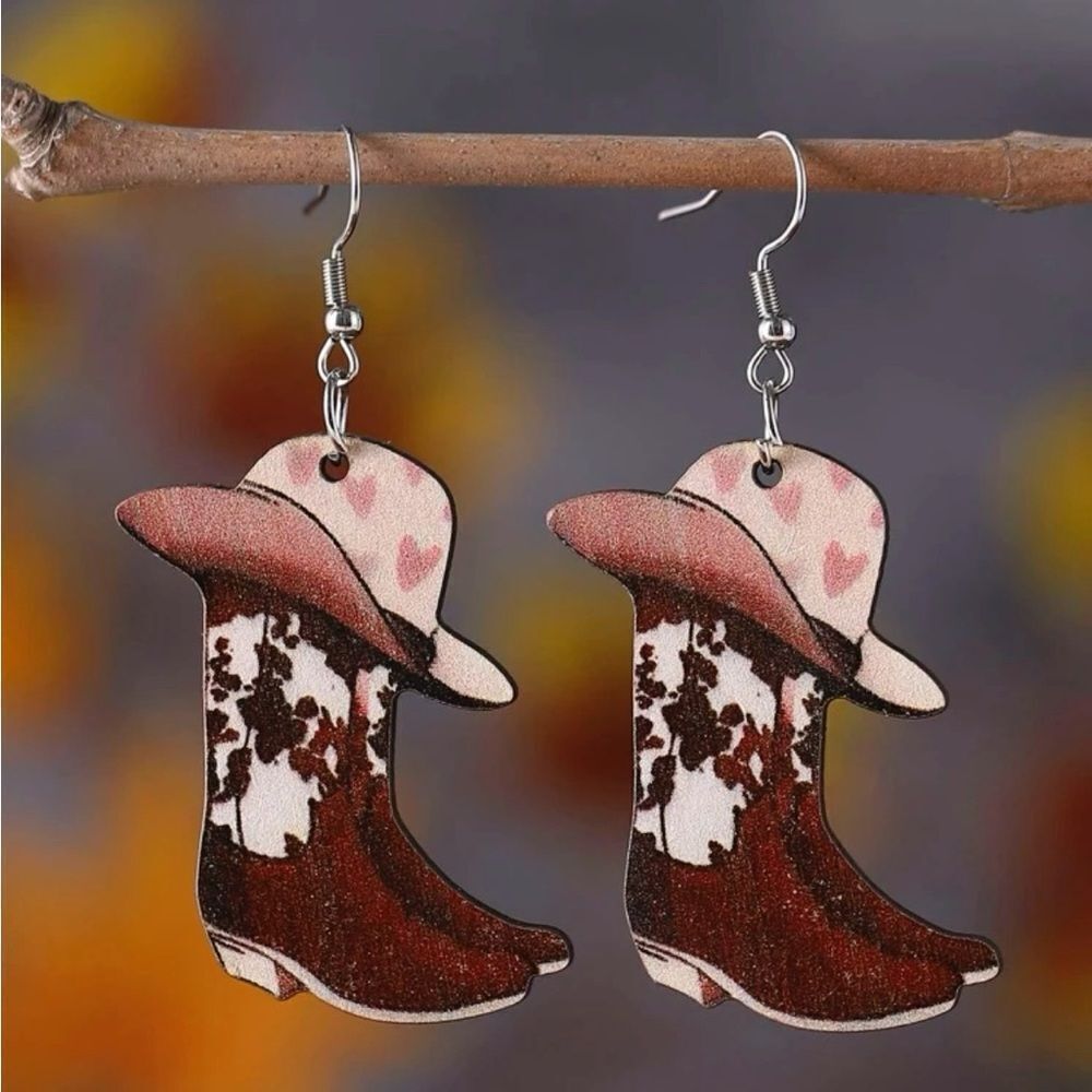 Cute little wooden cowgirl hat and boots dangling earrings
